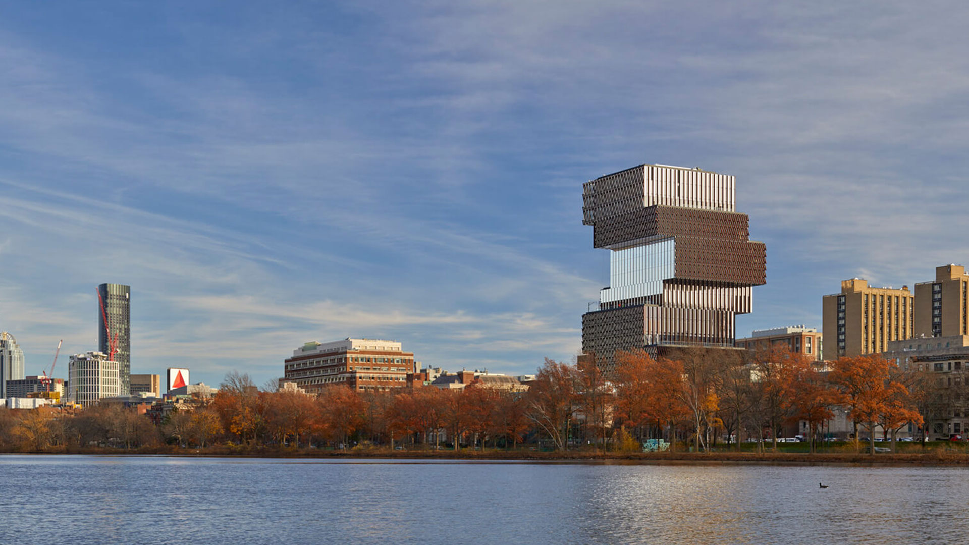Modern architecture by the river.