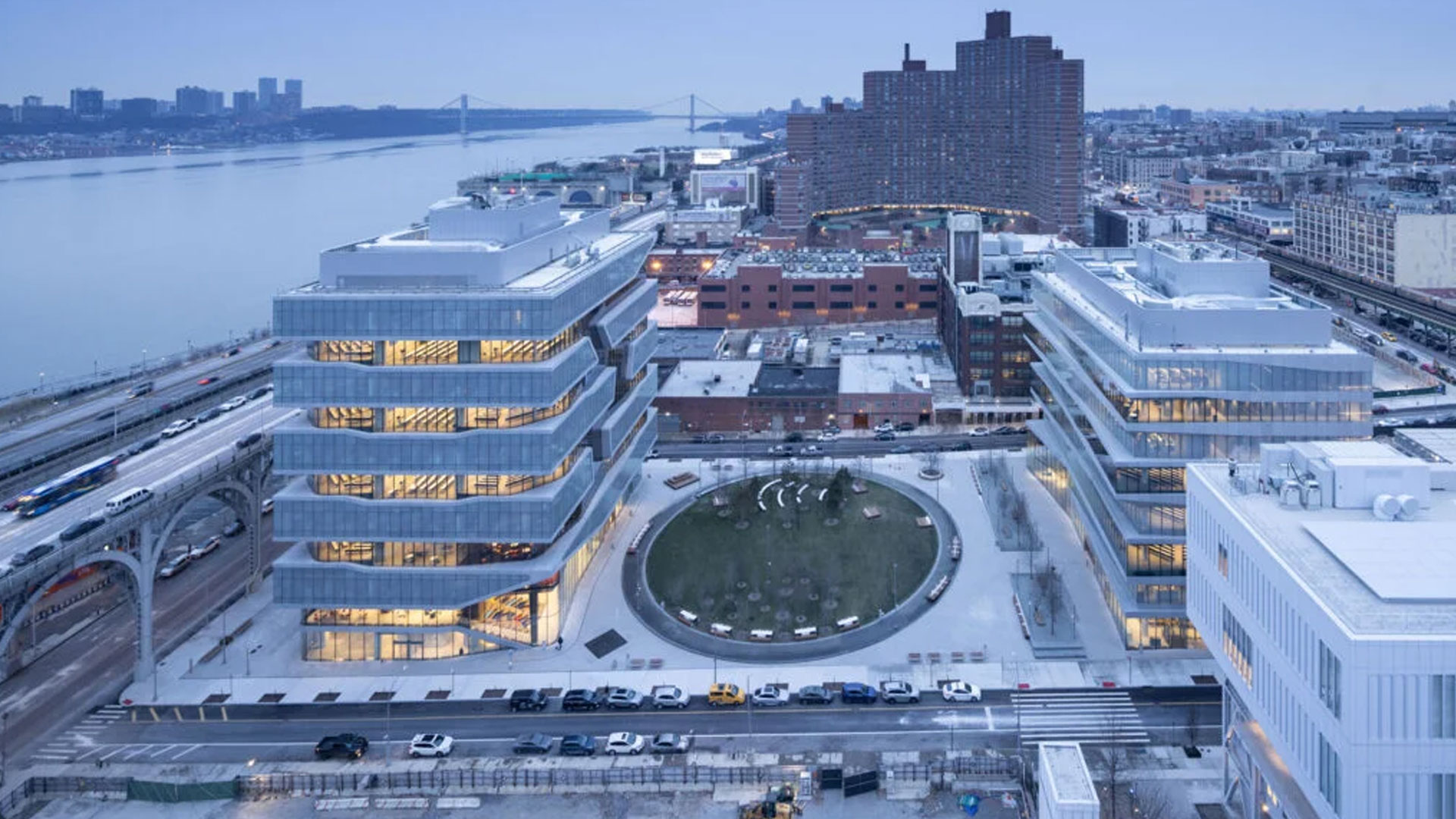 Modern buildings near waterfront landscape