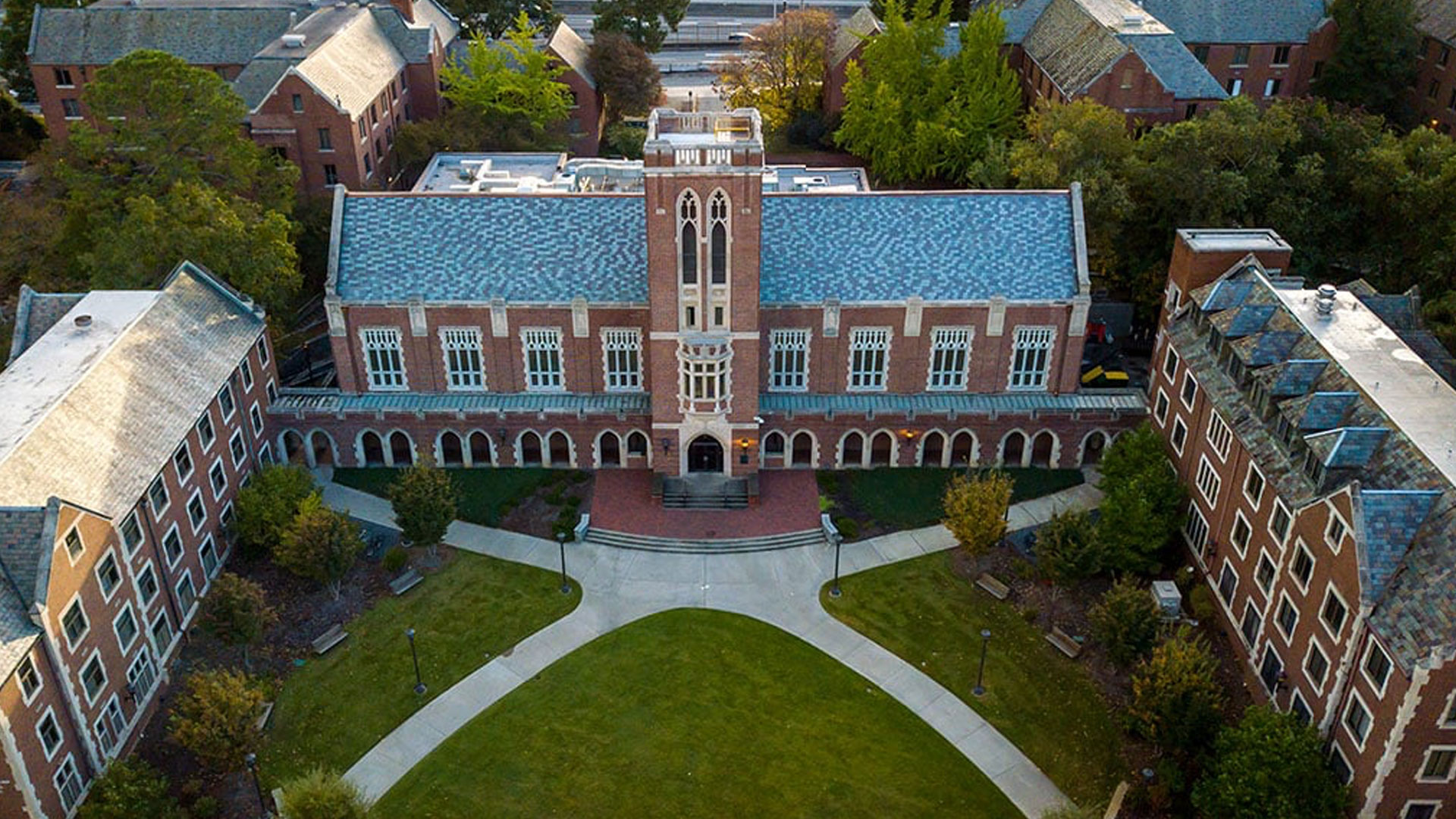 Aerial view of campus buildings.