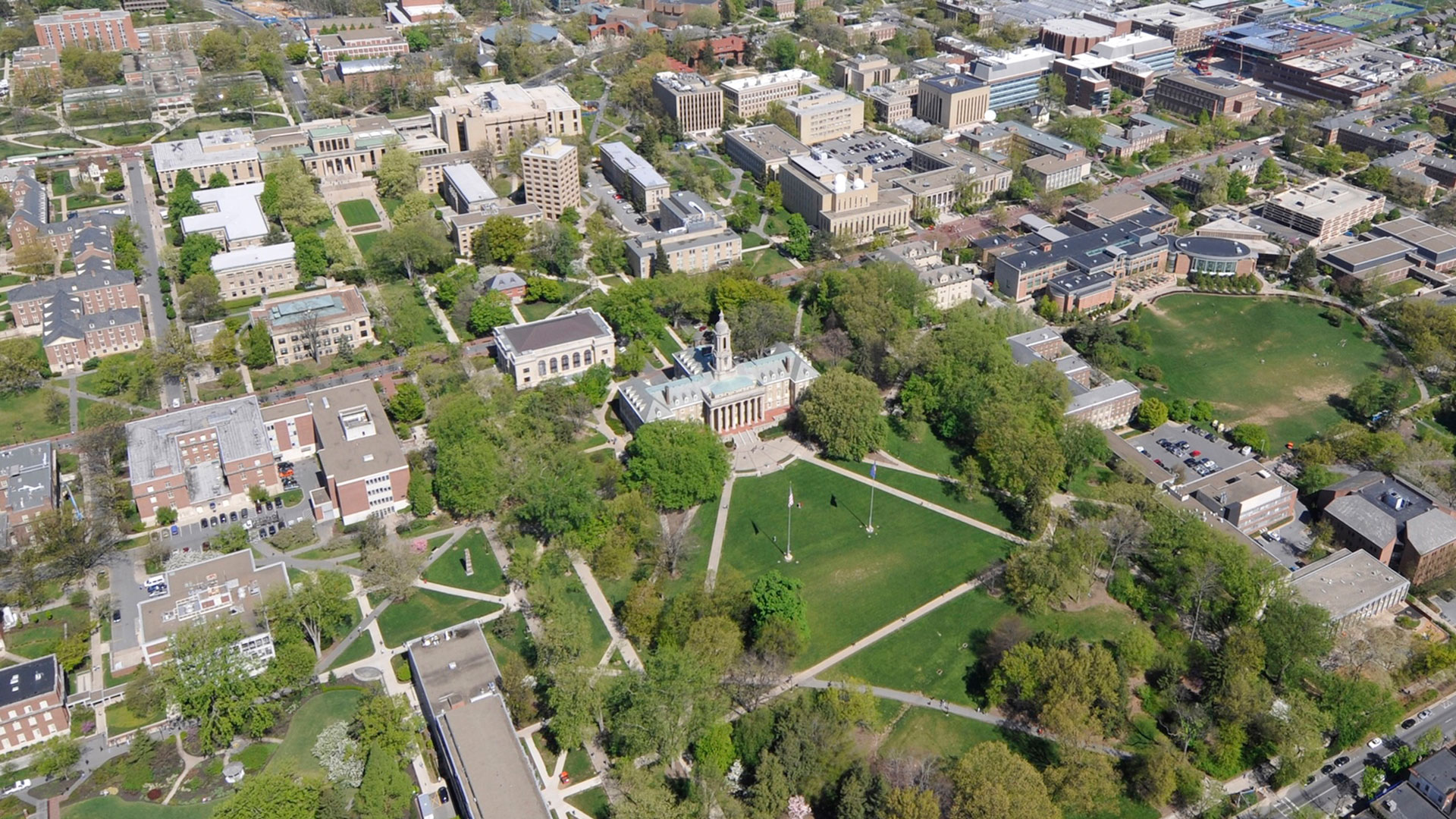 Aerial view of university campus.