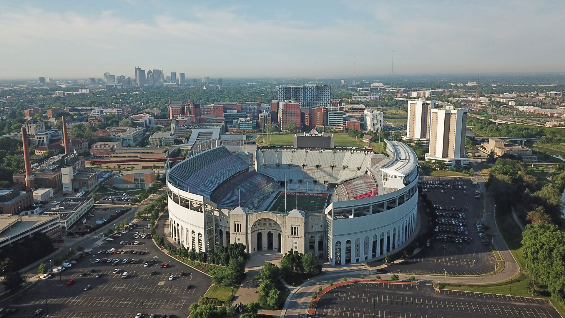 Aerial view of a large stadium.