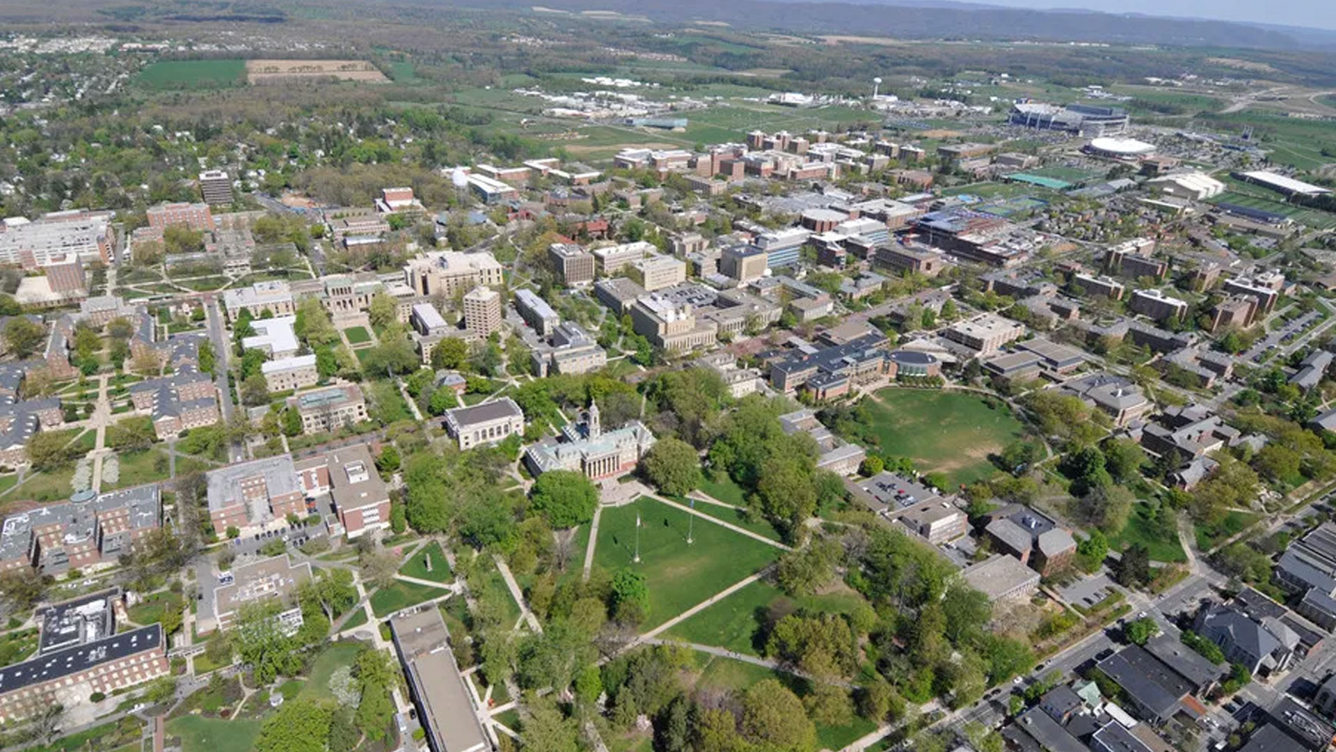 Aerial view of a university campus.