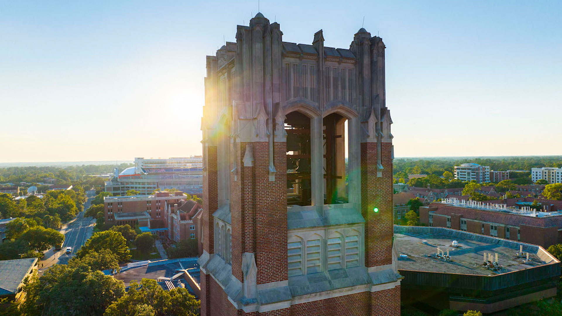 Historic tower with sunset backdrop