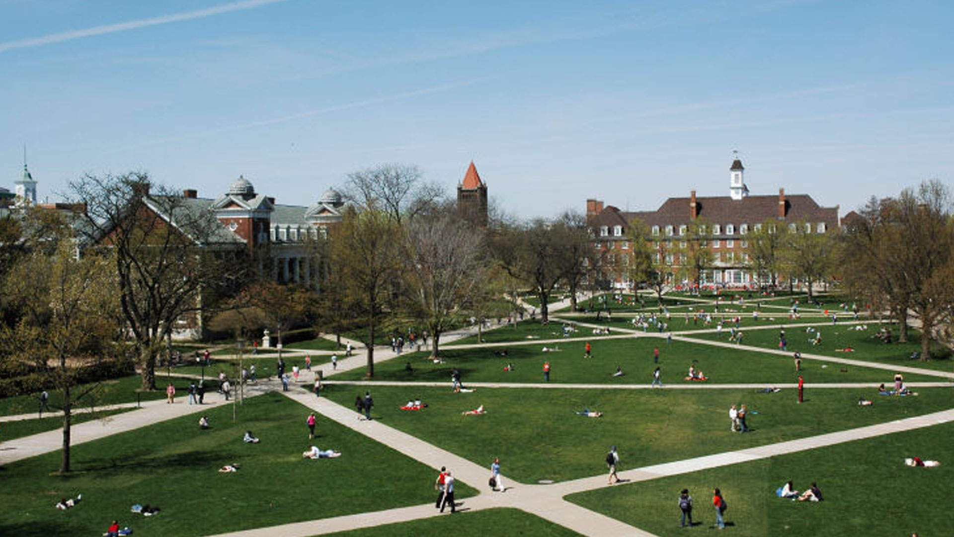 Students relaxing on a sunny campus