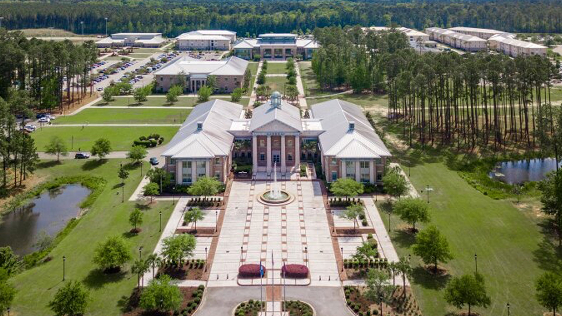 Aerial view of university campus.