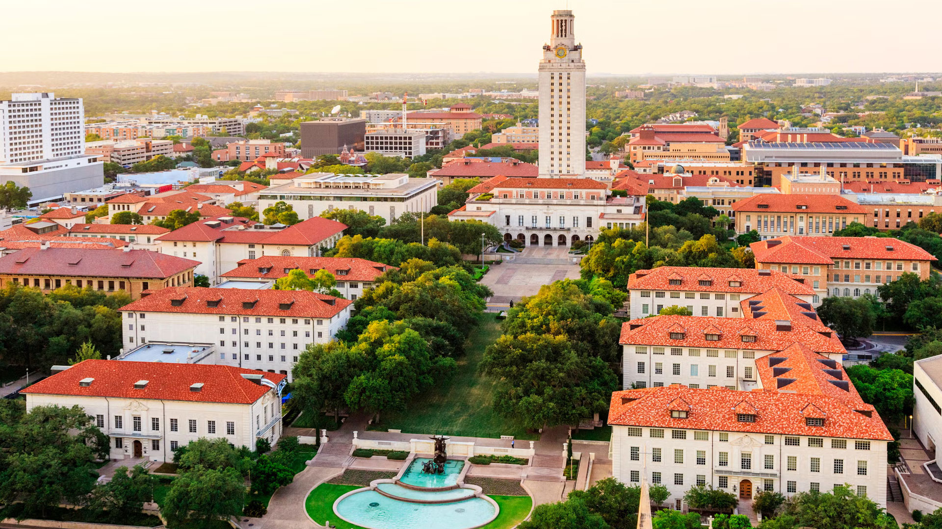 Aerial view of university campus buildings
