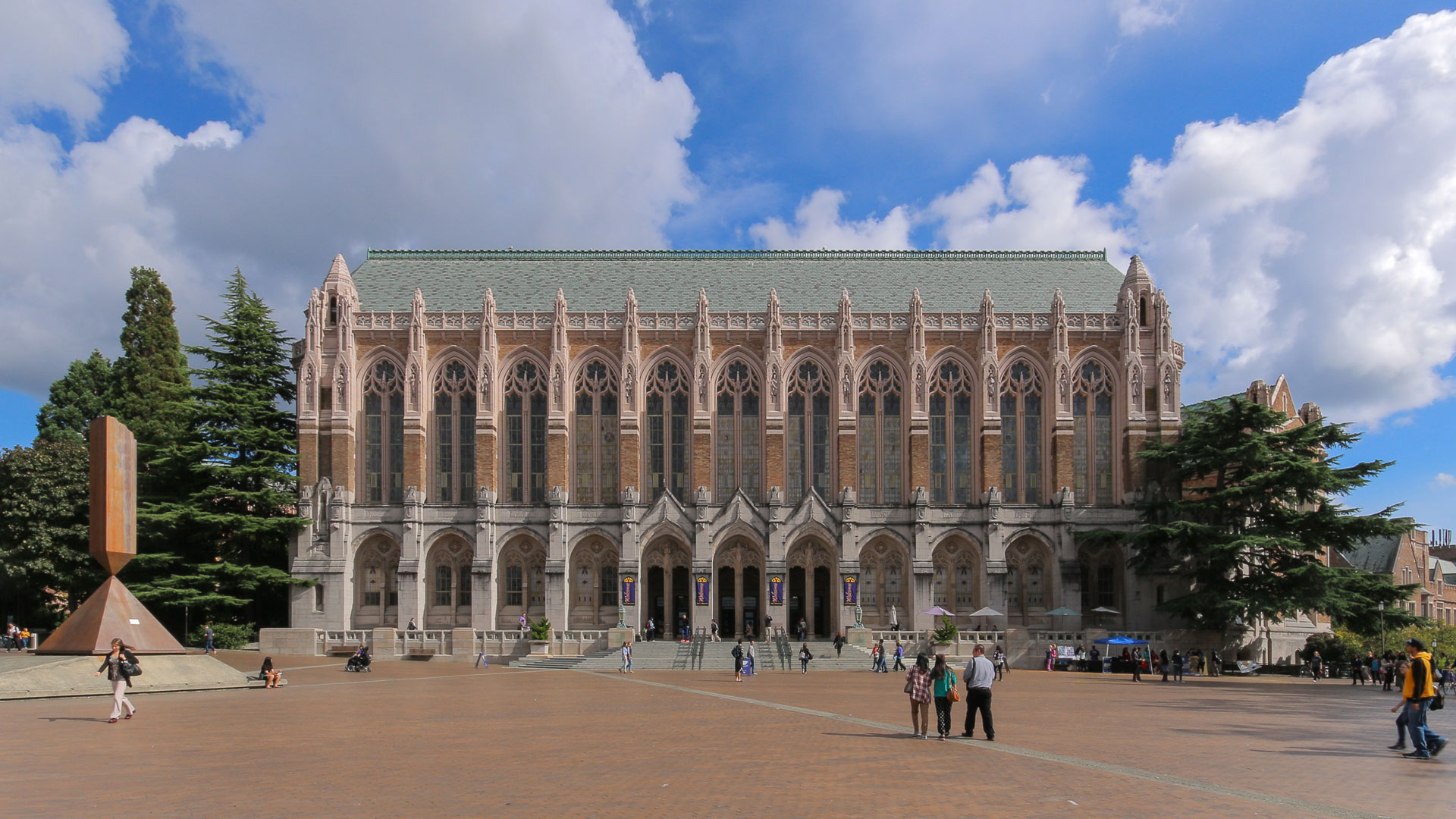 Gothic architecture with people outside.