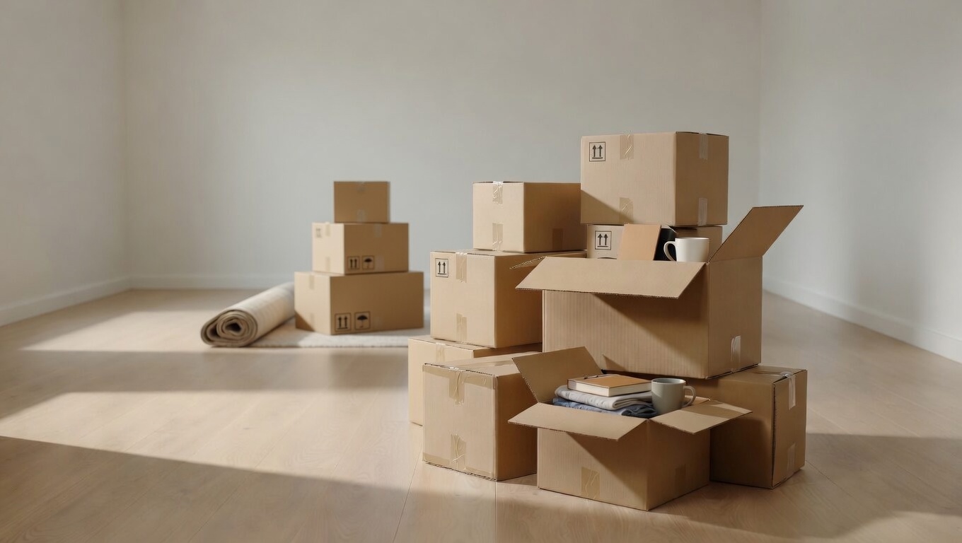 Stack of packed boxes in an empty room ready for affordable box shipping and storage.”