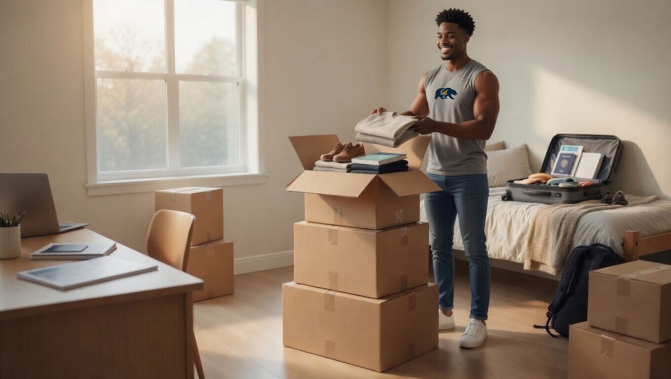 College student packing dorm boxes for box shipping and storage during summer break.