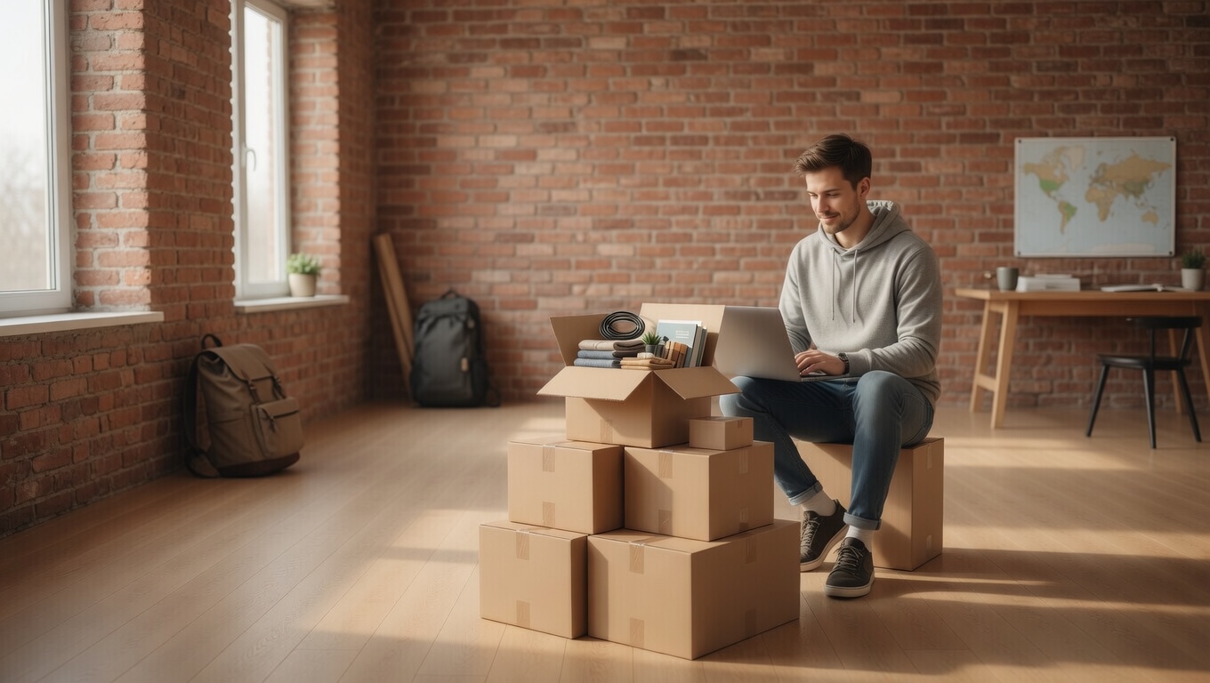 Person with a few packed boxes working on a laptop at home for box shipping and storage while living a mobile lifestyle.