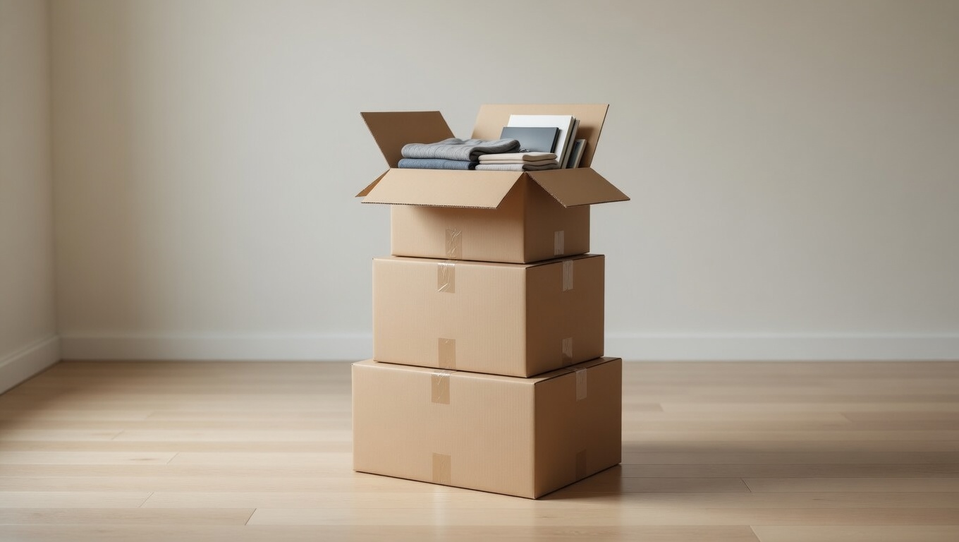 Stack of three packed boxes in an empty room ready for box shipping and storage.