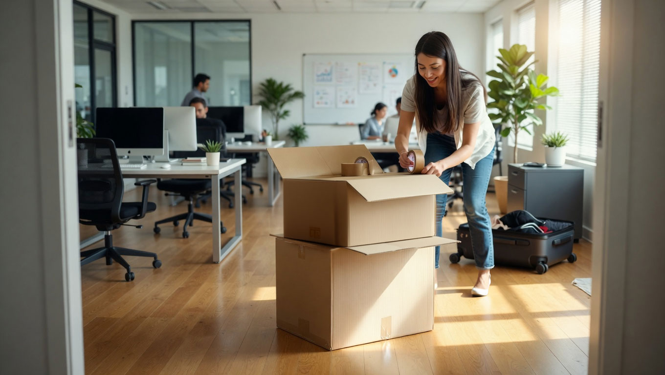 Person packing a few boxes in an office for box shipping and storage during an internship.