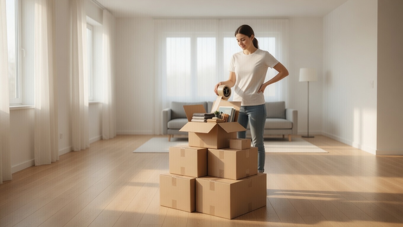 Person packing a few boxes in a minimalist living room for box shipping and storage.