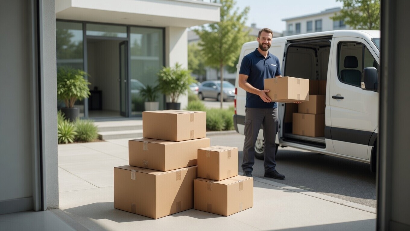 Delivery driver unloading moving boxes from a van outside a home for box shipping and storage.