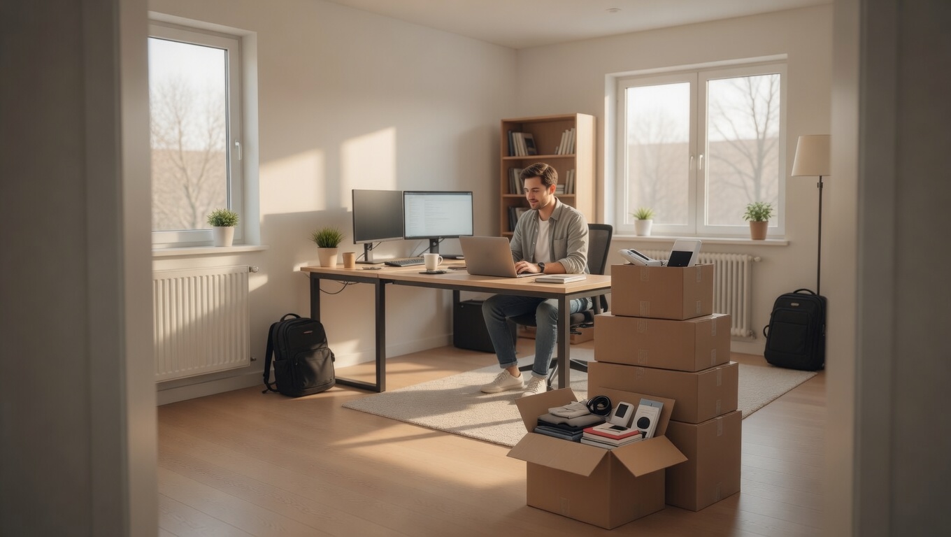 Remote worker with a few packed boxes at home for box shipping and storage during relocation.”