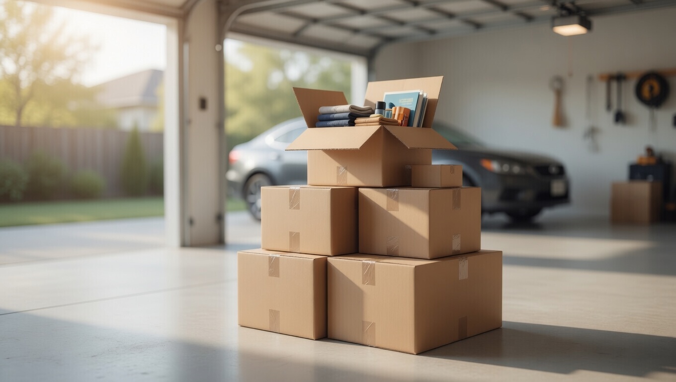 Stack of packed boxes in a garage ready for shipping across the country and storage.
