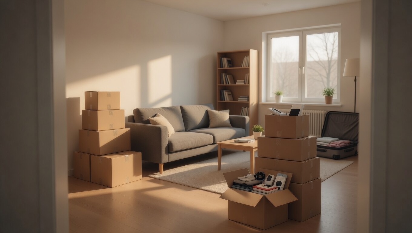 Stack of packed boxes in a living room for box shipping instead of moving furniture.