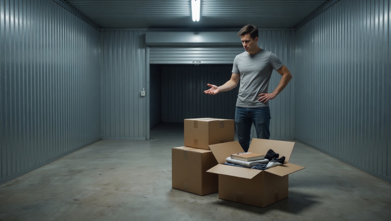 Person with a few boxes inside a storage unit, highlighting an alternative with box shipping to storage.