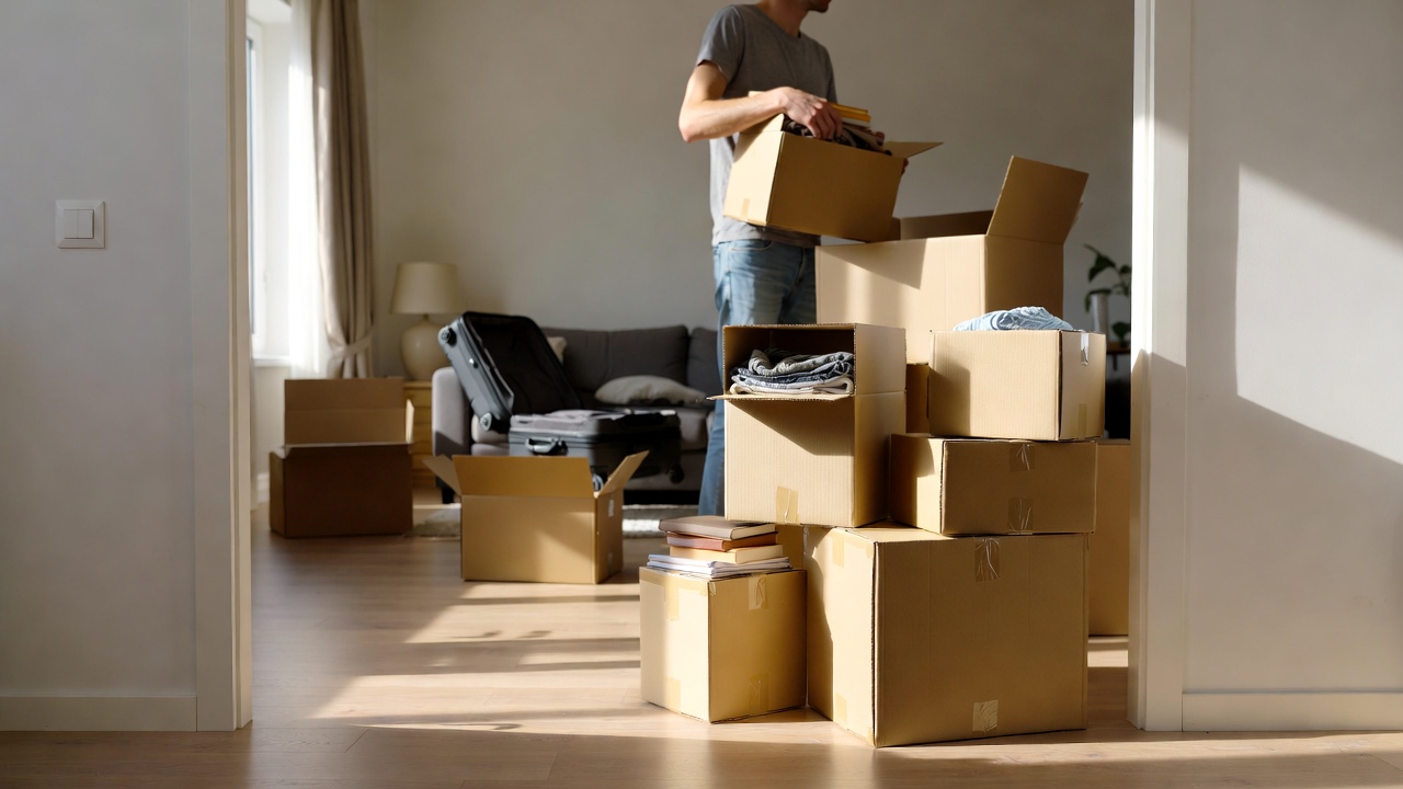 Person packing a few moving boxes at home for box shipping and storage.