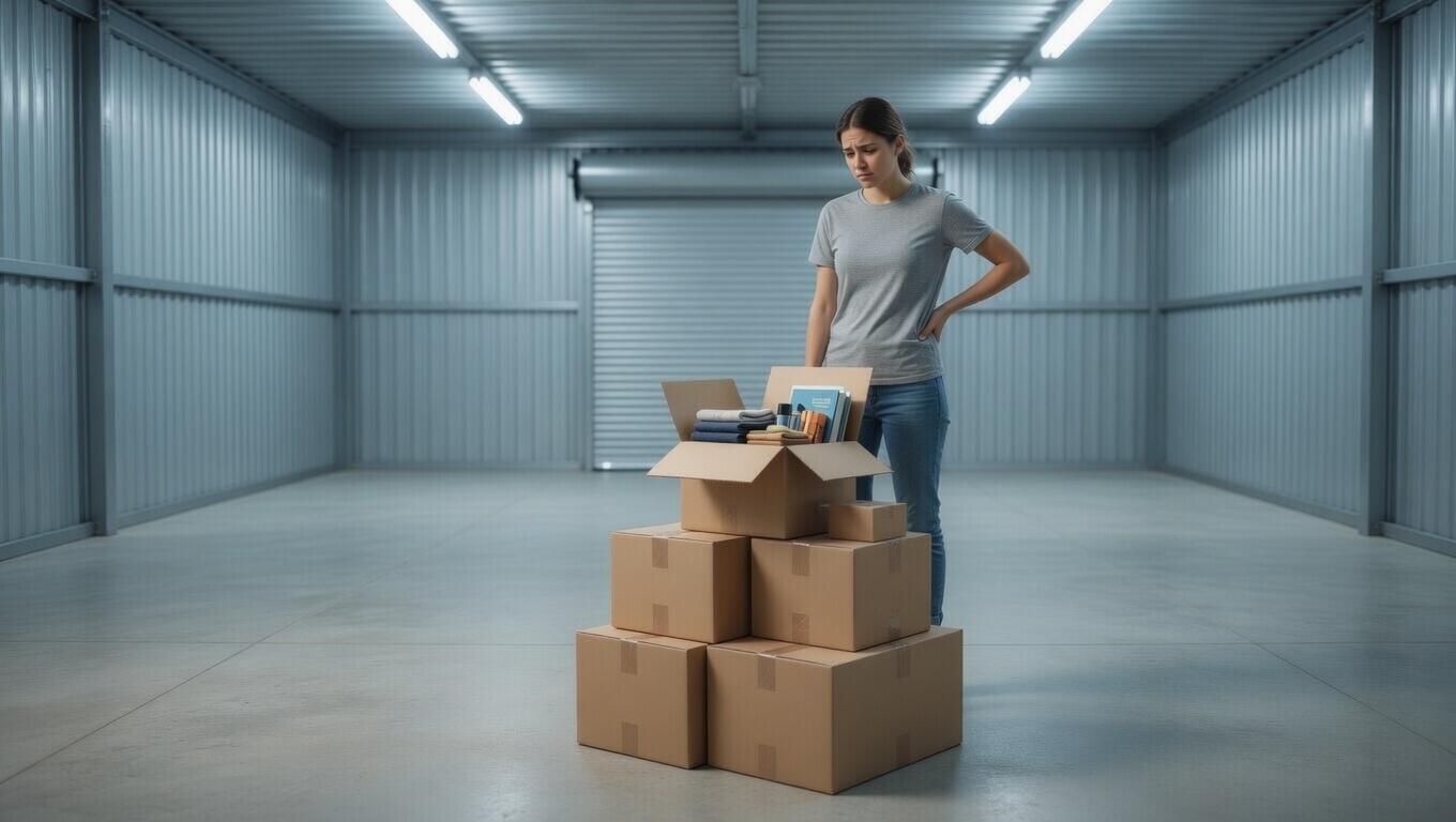 Person with a few boxes in a large empty storage unit, showing the mismatch for small storage needs.