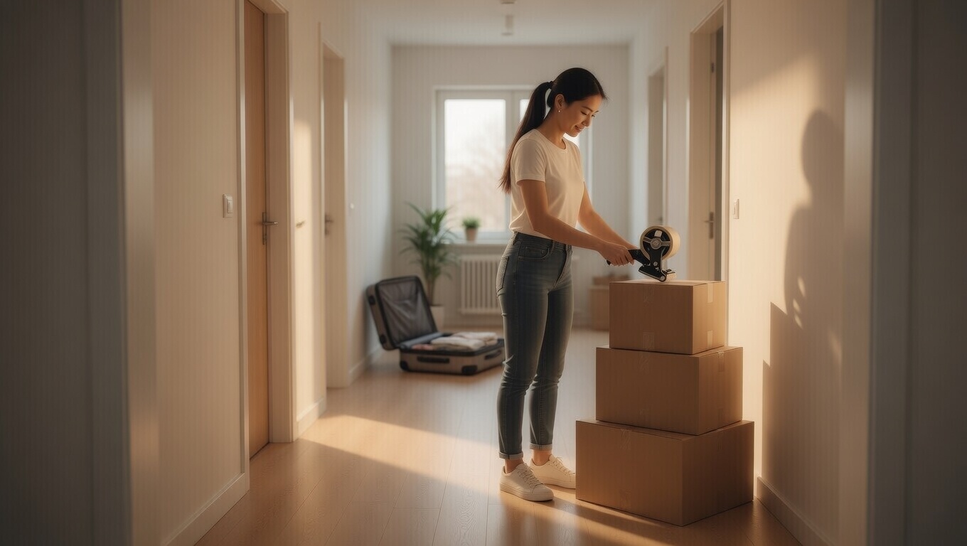 Person sealing moving boxes at home for box shipping and storage between leases.
