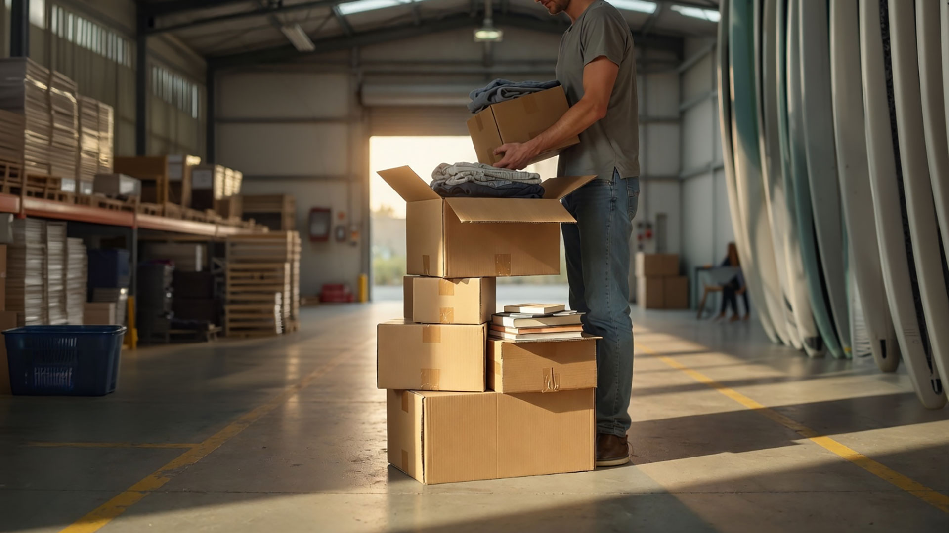 Person packing boxes in a warehouse before travel for box shipping and storage.