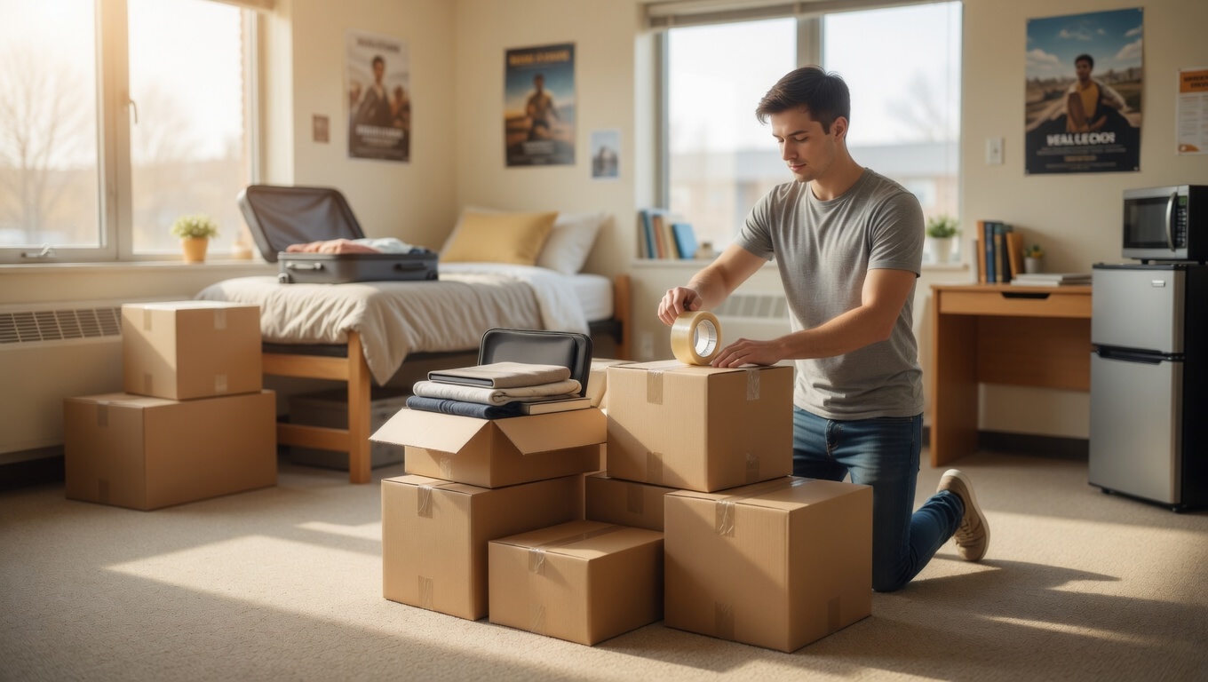 College student packing dorm boxes for shipping to storage between semesters.