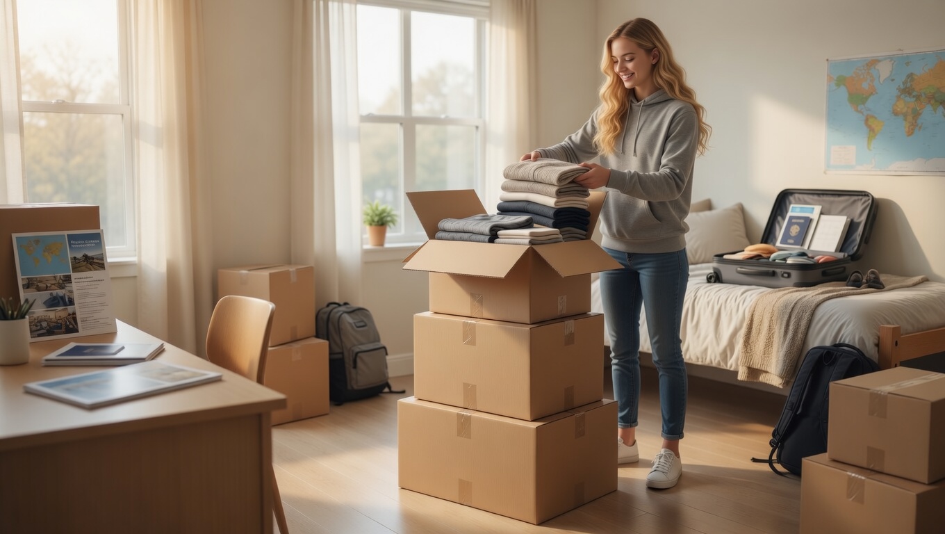 Student packing boxes in a dorm room for box shipping and storage while studying abroad.