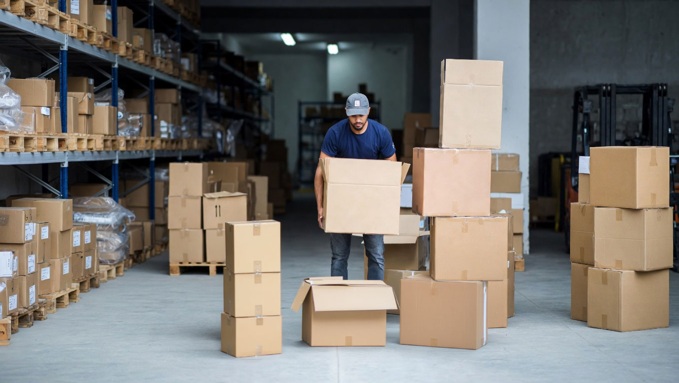 Worker handling packed boxes in a warehouse for box shipping and storage during a temporary job relocation.
