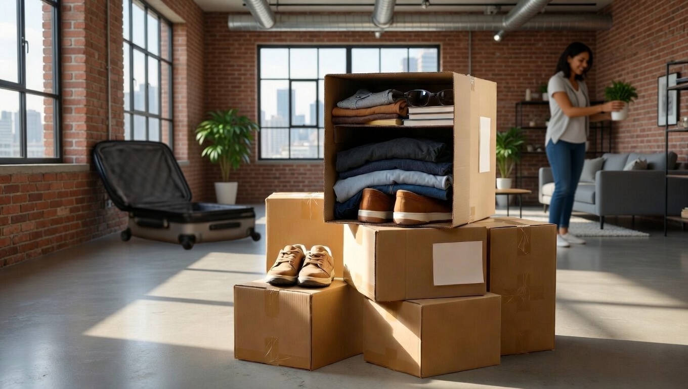 Boxes stacked in a living room ready for box shipping and storage.