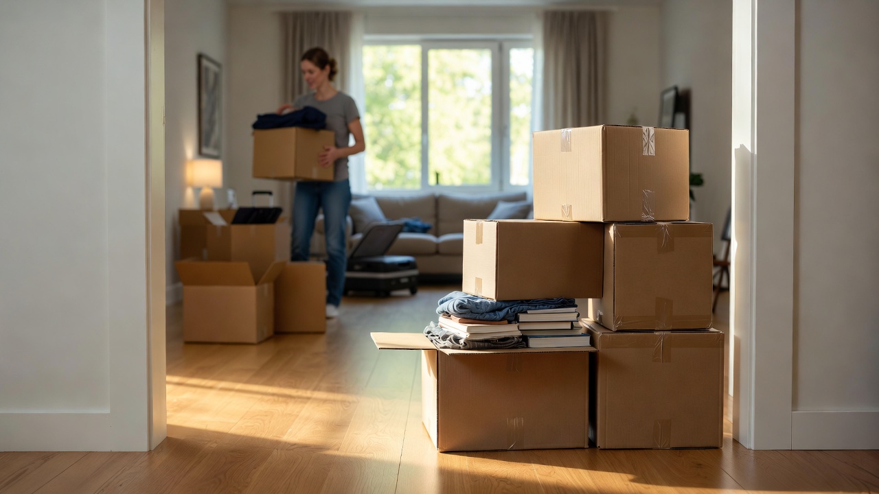 Micro-move storage service showing a person packing boxes for shipping and a warehouse