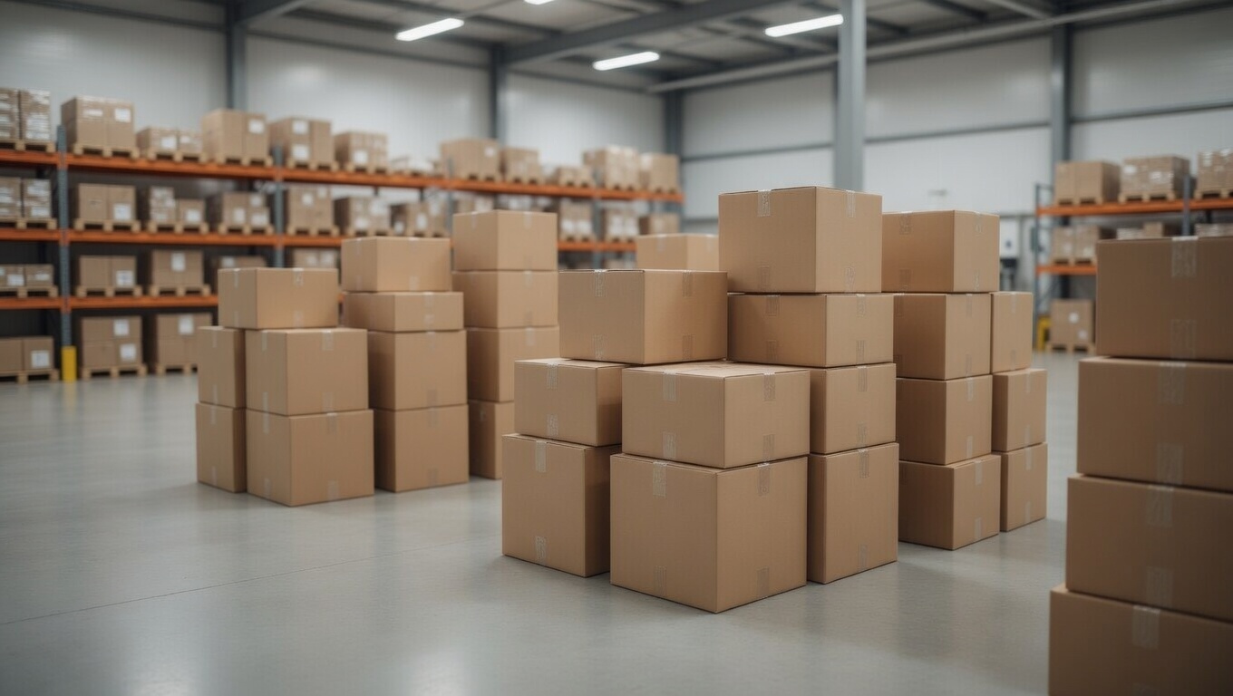 Stacks of packed boxes in a warehouse for box shipping and storage instead of a storage unit.